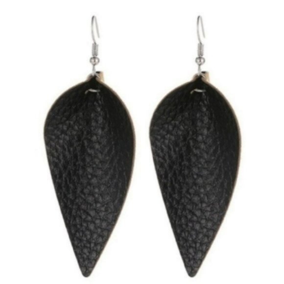 5 for $25 Black Leather Leaf Dangle Earrings - Picture 2 of 3